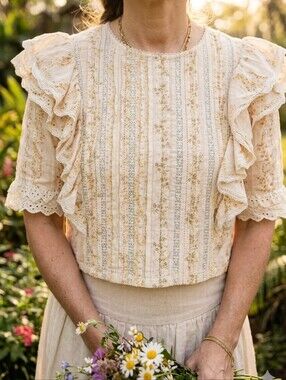 LoveShackFancy Yellow Floral Cotton Ruffle Blouse Eyelet‎ XS